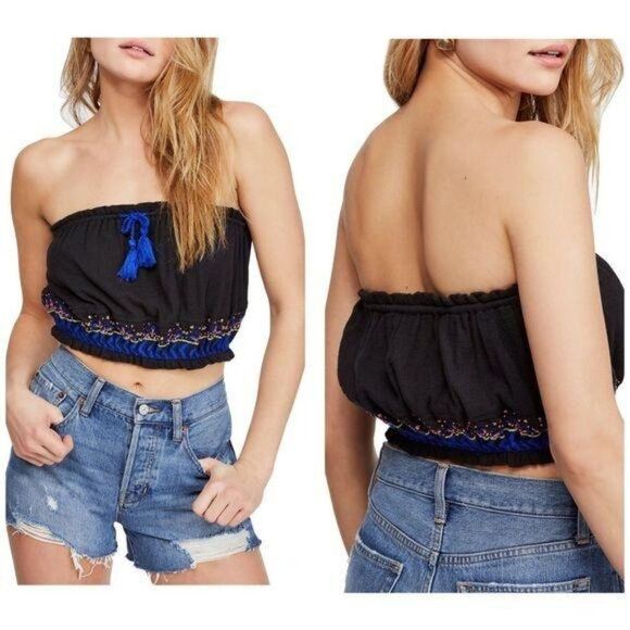 Free People Black Tassel Tie Embroidered Embellished Beaded Crop Tube Top Sz Lg - Picture 1 of 8